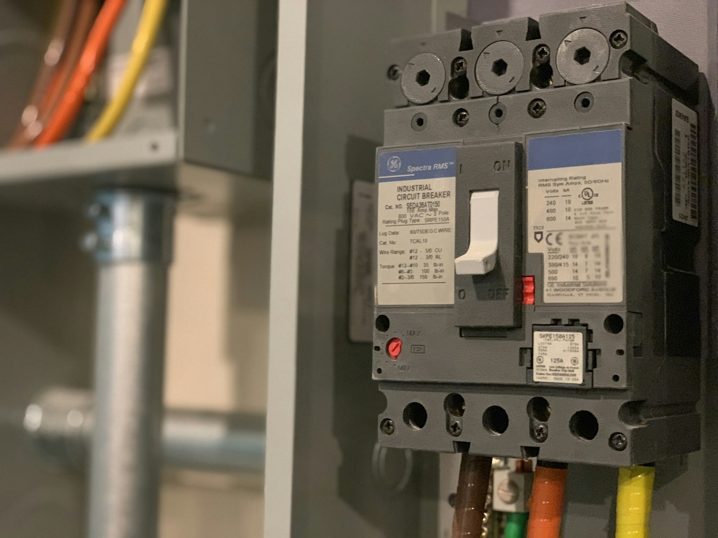 GE Spectra industrial circuit breaker in a commercial enclosure